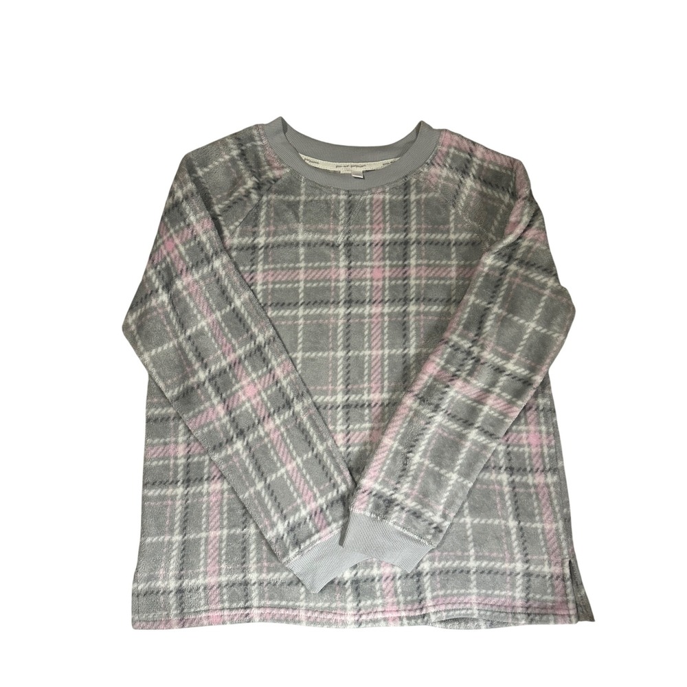 You Are Gorgeous Women Grey Pink Plaid Fleece Pajama Top Large 12-14 Long Sleeve